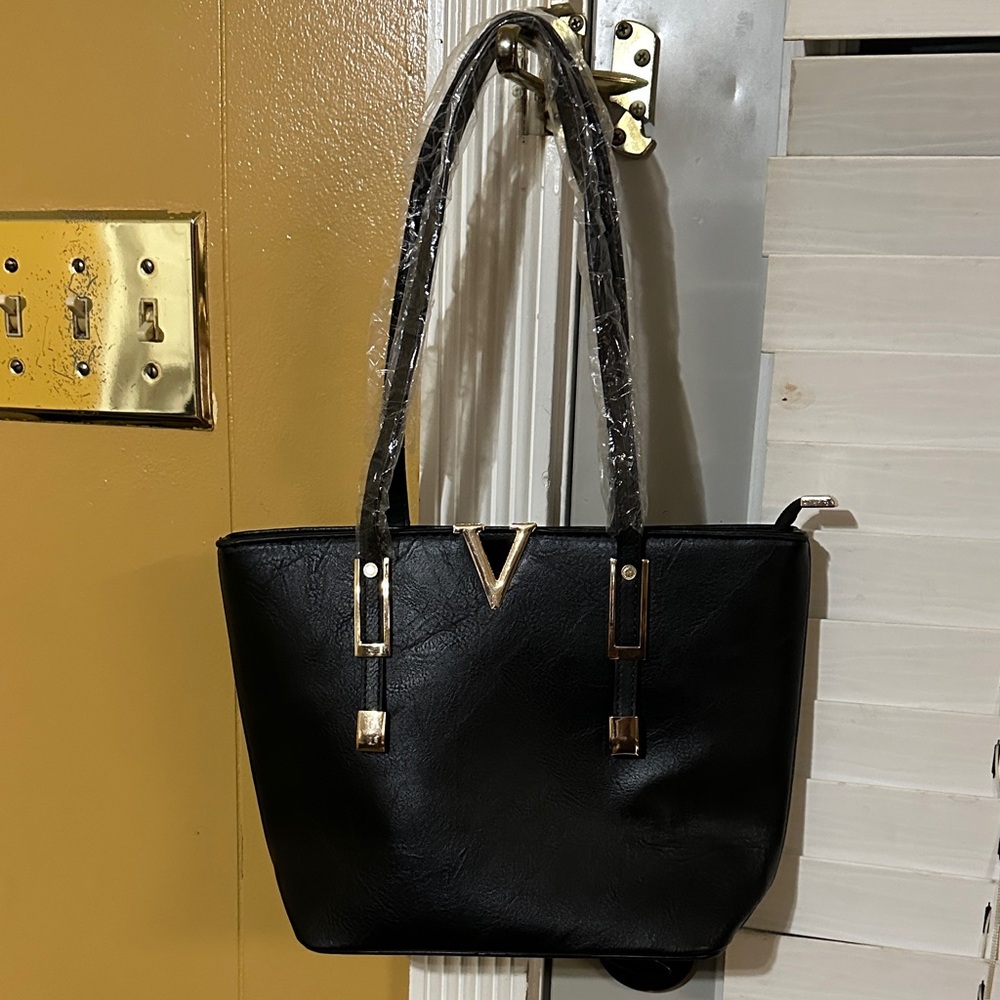 Black Tote with Gold V Accent